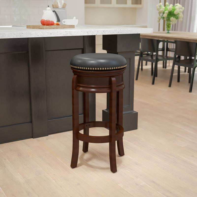 29 High Backless Cappuccino Wood Barstool with Carved Apron and Black LeatherSoft Swivel Seat FLF TA 68829 CA GG EventsWholesale