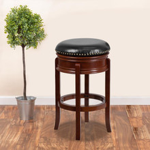 29'' High Backless Light Cherry Wood Barstool with Carved Apron and Black LeatherSoft Swivel Seat [FLF-TA-68829-LC-GG]