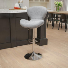 Contemporary Gray Fabric Adjustable Height Barstool with Curved Back and Chrome Base [FLF-CH-321-GYFAB-GG]