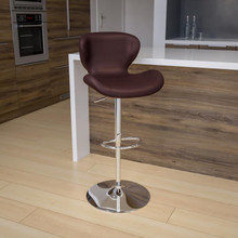 Contemporary Brown Vinyl Adjustable Height Barstool with Curved Back and Chrome Base [FLF-CH-321-BRN-GG]