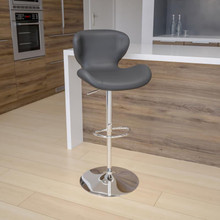Contemporary Gray Vinyl Adjustable Height Barstool with Curved Back and Chrome Base [FLF-CH-321-GY-GG]