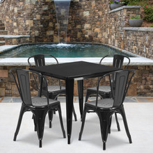 Commercial Grade 31.5" Square Black Metal Indoor-Outdoor Table Set with 4 Stack Chairs [FLF-ET-CT002-4-30-BK-GG]