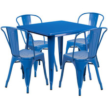 Commercial Grade 31.5" Square Blue Metal Indoor-Outdoor Table Set with 4 Stack Chairs [FLF-ET-CT002-4-30-BL-GG]