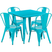 Commercial Grade 31.5" Square Crystal Teal-Blue Metal Indoor-Outdoor Table Set with 4 Stack Chairs [FLF-ET-CT002-4-30-CB-GG]