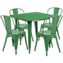 Commercial Grade 31.5" Square Green Metal Indoor-Outdoor Table Set with 4 Stack Chairs [FLF-ET-CT002-4-30-GN-GG]