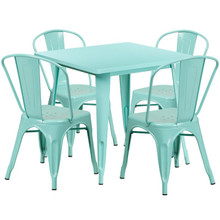 Commercial Grade 31.5" Square Mint Green Metal Indoor-Outdoor Table Set with 4 Stack Chairs [FLF-ET-CT002-4-30-MINT-GG]