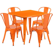 Commercial Grade 31.5" Square Orange Metal Indoor-Outdoor Table Set with 4 Stack Chairs [FLF-ET-CT002-4-30-OR-GG]