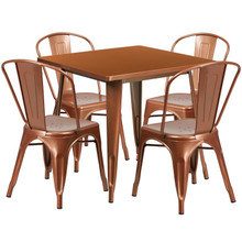 Commercial Grade 31.5" Square Copper Metal Indoor-Outdoor Table Set with 4 Stack Chairs [FLF-ET-CT002-4-30-POC-GG]