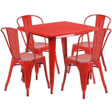 Commercial Grade 31.5" Square Red Metal Indoor-Outdoor Table Set with 4 Stack Chairs [FLF-ET-CT002-4-30-RED-GG]