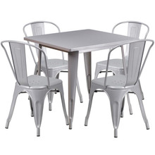 Commercial Grade 31.5" Square Silver Metal Indoor-Outdoor Table Set with 4 Stack Chairs [FLF-ET-CT002-4-30-SIL-GG]
