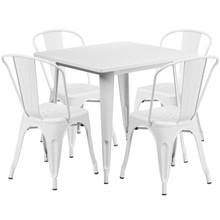 Commercial Grade 31.5" Square White Metal Indoor-Outdoor Table Set with 4 Stack Chairs [FLF-ET-CT002-4-30-WH-GG]