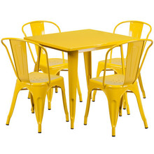 Commercial Grade 31.5" Square Yellow Metal Indoor-Outdoor Table Set with 4 Stack Chairs [FLF-ET-CT002-4-30-YL-GG]