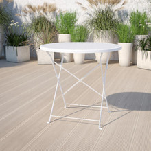 Oia Commercial Grade 30" Round White Indoor-Outdoor Steel Folding Patio Table [FLF-CO-4-WH-GG]