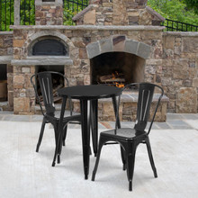 Commercial Grade 24" Round Black Metal Indoor-Outdoor Table Set with 2 Cafe Chairs [FLF-CH-51080TH-2-18CAFE-BK-GG]