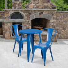 Commercial Grade 24" Round Blue Metal Indoor-Outdoor Table Set with 2 Cafe Chairs [FLF-CH-51080TH-2-18CAFE-BL-GG]