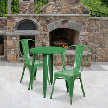 Commercial Grade 24" Round Green Metal Indoor-Outdoor Table Set with 2 Cafe Chairs [FLF-CH-51080TH-2-18CAFE-GN-GG]