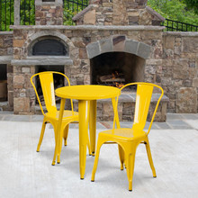 Commercial Grade 24" Round Yellow Metal Indoor-Outdoor Table Set with 2 Cafe Chairs [FLF-CH-51080TH-2-18CAFE-YL-GG]