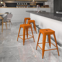 Kai Commercial Grade 24" High Backless Distressed Orange Metal Indoor-Outdoor Counter Height Stool [FLF-ET-BT3503-24-OR-GG]