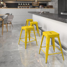 Kai Commercial Grade 24" High Backless Distressed Yellow Metal Indoor-Outdoor Counter Height Stool [FLF-ET-BT3503-24-YL-GG]