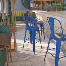 Kai Commercial Grade 30" High Blue Metal Indoor-Outdoor Barstool with Removable Back [FLF-CH-31320-30GB-BL-GG]