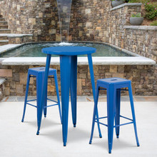Commercial Grade 24" Round Blue Metal Indoor-Outdoor Bar Table Set with 2 Square Seat Backless Stools [FLF-CH-51080BH-2-30SQST-BL-GG]