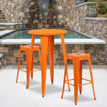 Commercial Grade 24" Round Orange Metal Indoor-Outdoor Bar Table Set with 2 Square Seat Backless Stools [FLF-CH-51080BH-2-30SQST-OR-GG]