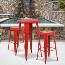 Commercial Grade 24" Round Red Metal Indoor-Outdoor Bar Table Set with 2 Square Seat Backless Stools [FLF-CH-51080BH-2-30SQST-RED-GG]