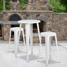 Commercial Grade 24" Round White Metal Indoor-Outdoor Bar Table Set with 2 Square Seat Backless Stools [FLF-CH-51080BH-2-30SQST-WH-GG]