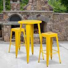 Commercial Grade 24" Round Yellow Metal Indoor-Outdoor Bar Table Set with 2 Square Seat Backless Stools [FLF-CH-51080BH-2-30SQST-YL-GG]