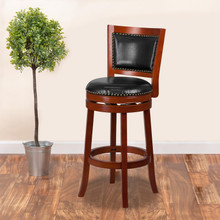 30'' High Light Cherry Wood Barstool with Open Panel Back and Black LeatherSoft Swivel Seat [FLF-TA-355530-LC-GG]