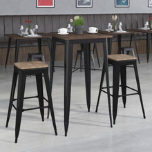 23.5" Square Black Metal Bar Table Set with Wood Top and 2 Backless Stools [FLF-CH-WD-TBCH-17-GG]