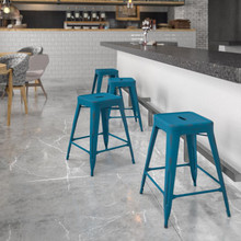 Kai Commercial Grade 24" High Backless Distressed Antique Blue Metal Indoor-Outdoor Counter Height Stool [FLF-ET-BT3503-24-AB-GG]