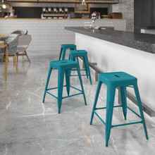 Kai Commercial Grade 24" High Backless Distressed Kelly Blue-Teal Metal Indoor-Outdoor Counter Height Stool [FLF-ET-BT3503-24-KB-GG]