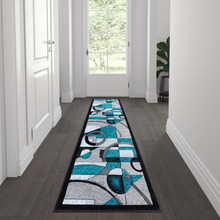 Elias Collection 2' x 7' Turquoise Geometric Abstract Area Rug - Olefin Rug with Jute Backing - Hallway, Entryway, or Bedroom [FLF-KP-RG950-27-TQ-GG]