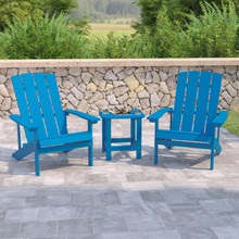 2 Pack Charlestown All-Weather Poly Resin Wood Adirondack Chairs with Side Table in Blue [FLF-JJ-C14501-2-T14001-BLU-GG]