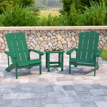 2 Pack Charlestown All-Weather Poly Resin Wood Adirondack Chairs with Side Table in Green [FLF-JJ-C14501-2-T14001-GRN-GG]