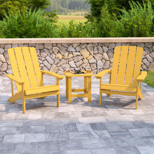 2 Pack Charlestown All-Weather Poly Resin Wood Adirondack Chairs with Side Table in Yellow [FLF-JJ-C14501-2-T14001-YLW-GG]