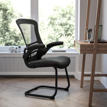 Black Mesh Sled Base Side Reception Chair with Flip-Up Arms [FLF-BL-X-5C-GG]