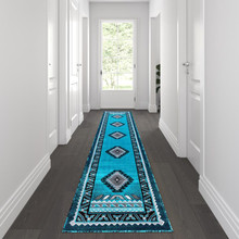 Ventana Collection Southwest 2x10 Turquoise Area Rug - Olefin Rug with Jute Backing - Hallway, Entryway, Bedroom, Living Room [FLF-ACD-RGD143-210-TQ-GG]