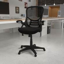 High Back Black Mesh Ergonomic Swivel Office Chair with Black Frame and Flip-up Arms [FLF-HL-0016-1-BK-BK-GG]
