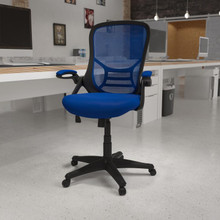 High Back Blue Mesh Ergonomic Swivel Office Chair with Black Frame and Flip-up Arms [FLF-HL-0016-1-BK-BL-GG]