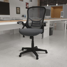 High Back Dark Gray Mesh Ergonomic Swivel Office Chair with Black Frame and Flip-up Arms [FLF-HL-0016-1-BK-DKGY-GG]