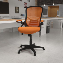 High Back Orange Mesh Ergonomic Swivel Office Chair with Black Frame and Flip-up Arms [FLF-HL-0016-1-BK-OR-GG]