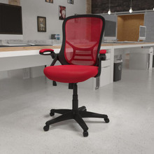 High Back Red Mesh Ergonomic Swivel Office Chair with Black Frame and Flip-up Arms [FLF-HL-0016-1-BK-RED-GG]