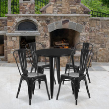 Commercial Grade 30" Round Black Metal Indoor-Outdoor Table Set with 4 Cafe Chairs [FLF-CH-51090TH-4-18CAFE-BK-GG]