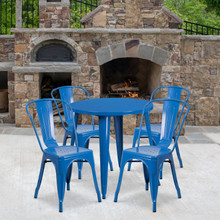 Commercial Grade 30" Round Blue Metal Indoor-Outdoor Table Set with 4 Cafe Chairs [FLF-CH-51090TH-4-18CAFE-BL-GG]