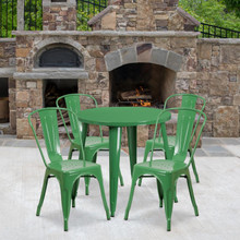 Commercial Grade 30" Round Green Metal Indoor-Outdoor Table Set with 4 Cafe Chairs [FLF-CH-51090TH-4-18CAFE-GN-GG]