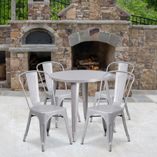 Commercial Grade 30" Round Silver Metal Indoor-Outdoor Table Set with 4 Cafe Chairs [FLF-CH-51090TH-4-18CAFE-SIL-GG]