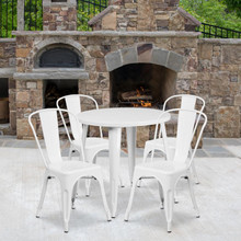 Commercial Grade 30" Round White Metal Indoor-Outdoor Table Set with 4 Cafe Chairs [FLF-CH-51090TH-4-18CAFE-WH-GG]