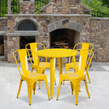 Commercial Grade 30" Round Yellow Metal Indoor-Outdoor Table Set with 4 Cafe Chairs [FLF-CH-51090TH-4-18CAFE-YL-GG]